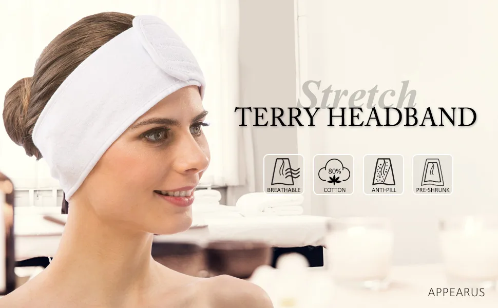 APPEARUS Spa Facial Headband Head Wrap Terry Cloth Headbands Stretch Towel with Closure for Bath Makeup and Sport (4 Count/White) - Stretch Terry Spa Headbands