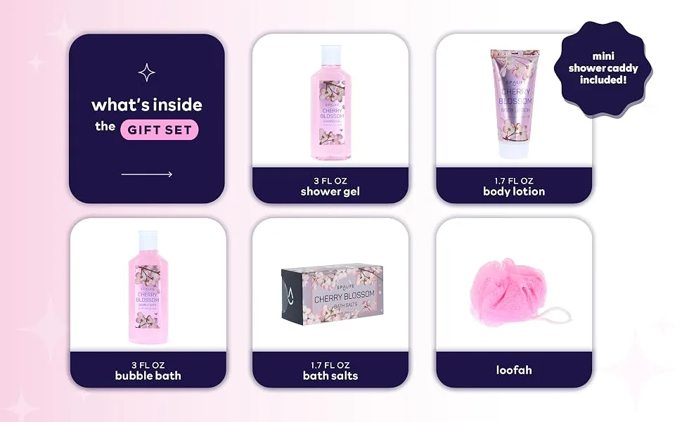 Spa Life Cherry Blossom Shower Caddie 5 Pack Gift Set - shower caddie, womens gift, bath set, gift set,