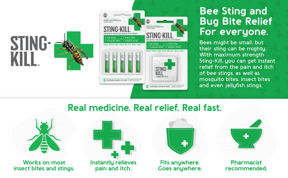 Sting-Kill First Aid Anesthetic Swabs Instant Pain + Itch Relief From Bee Stings and Bug Bites 5-count (pack of 3) - Sting Kill for bee stings, mosquito bites and bug bite first aid relief