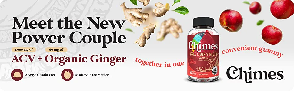Chimes Apple Cider Vinegar Gummies + Ginger Organic ACV Gummies (USA Made 1 000mg & 60mg Ginger per 2-Gummies) ACV w/Mother Ginger Gummies - 60 Count - apple cider vinegar gummies