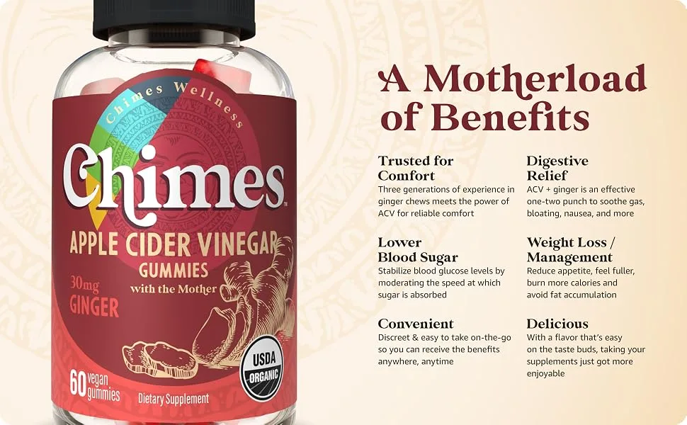 Chimes Apple Cider Vinegar Gummies + Ginger Organic ACV Gummies (USA Made 1 000mg & 60mg Ginger per 2-Gummies) ACV w/Mother Ginger Gummies - 60 Count - organic acv gummies