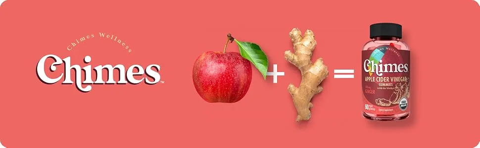 Chimes Apple Cider Vinegar Gummies + Ginger Organic ACV Gummies (USA Made 1 000mg & 60mg Ginger per 2-Gummies) ACV w/Mother Ginger Gummies - 60 Count - organic acv gummies