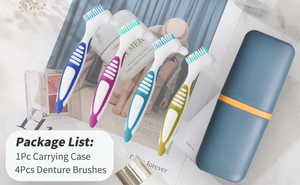 4Pcs Denture Brushes with Carrying Case Hard Double Sided Denture Cleaning Brush Heads for False Teeth Cleaning 4pcs With Case - 4Pcs Denture Brushes with Carrying Case
