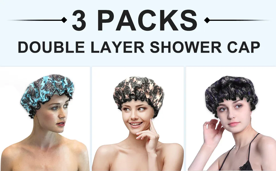 KissDate 3 Packs Double Layer Satin Shower Cap Waterproof Reusable Elastic Bath Cap for Women Long Hair Shower Spa Salon Accessories - bath cap