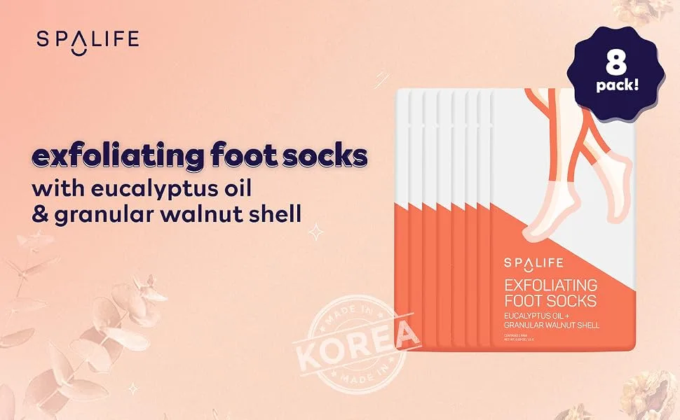 SpaLife Exfoliating Foot Socks - Eucalyptus Oil + Granular Walnut Shell 8 pack - exfoliating foot sock, eucalyptus oil, walnut shell, foot treatment, smooth feet,