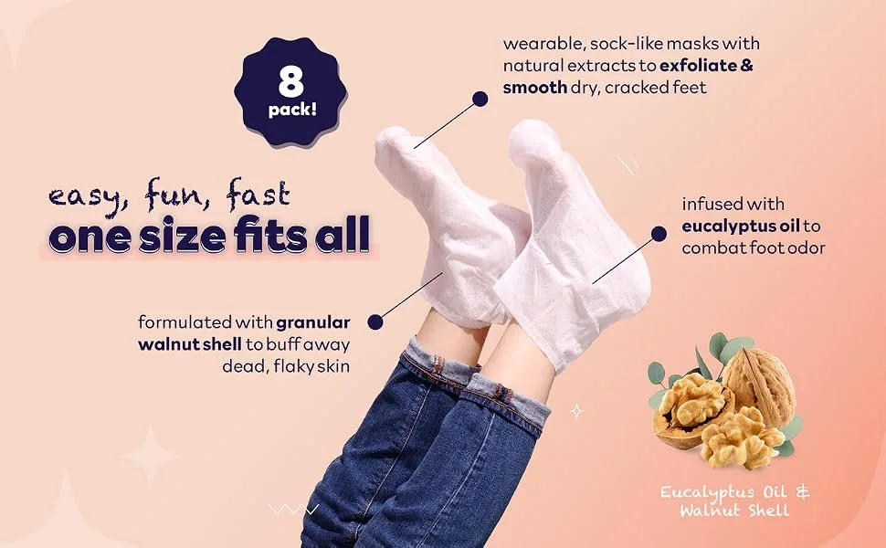 SpaLife Exfoliating Foot Socks - Eucalyptus Oil + Granular Walnut Shell 8 pack - exfoliating foot sock, eucalyptus oil, walnut shell, foot treatment, smooth feet,