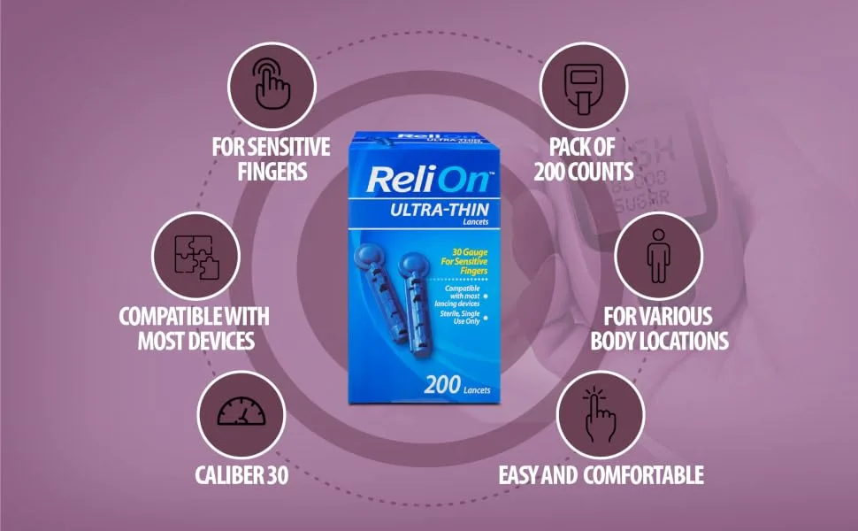ReliOn Ultra-Thin Lancets 30-Gauge for Sensitive Fingers 200 Ct (2 Pack) Bundle with Exclusive Look After Your Diabetes - Better Idea Guide (3 Items) 2 Pack 400 Count - ReliOn Ultra-Thin icons