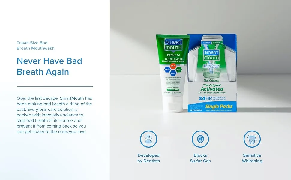 SmartMouth Premium Toothpaste & Original Activated Mouthwash Travel Single Packs Mint - Never have bad breath again