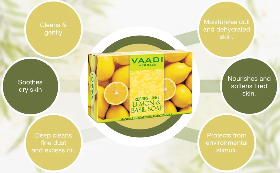 Vaadi Herbals Lemon & Basil Oil Bar Soap 2.65 Ounce Each (Pack of 8) - Lemon and Basil Soap