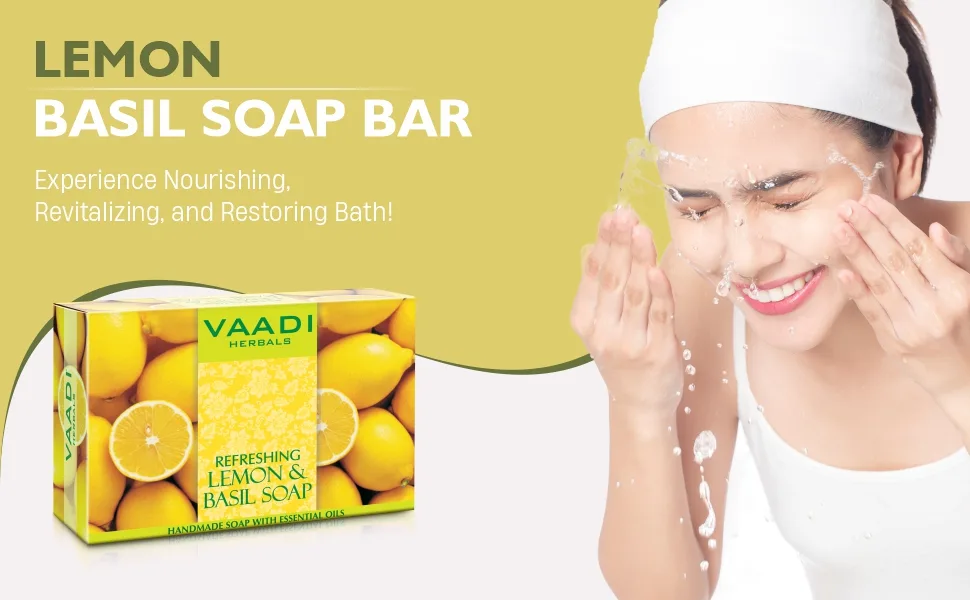 Vaadi Herbals Lemon & Basil Oil Bar Soap 2.65 Ounce Each (Pack of 8) - Lemon Soap