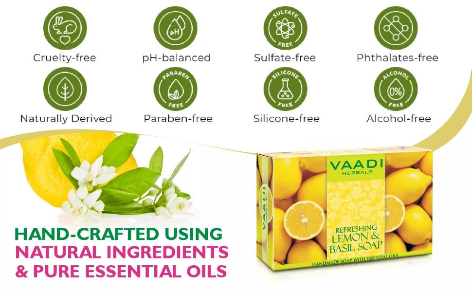 Vaadi Herbals Lemon & Basil Oil Bar Soap 2.65 Ounce Each (Pack of 8) - Lemon Soap
