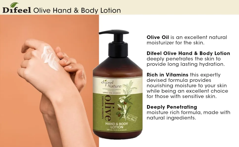 Difeel Nature Moisturizing Body & Hand Lotion - Shea Butter 16.9 ounce (2-PACK) - Difeel Olive Lotion APLUS