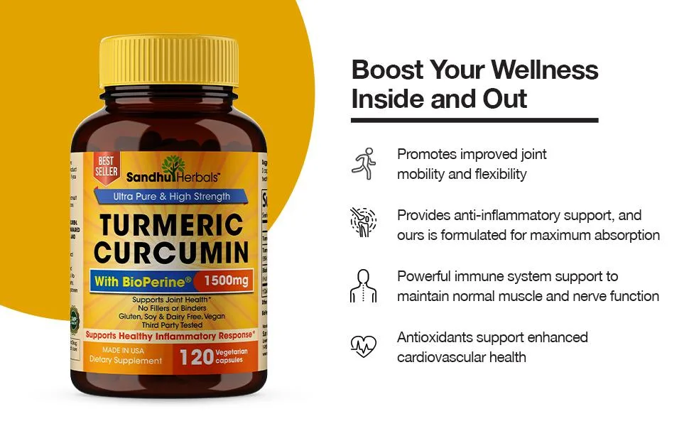 Turmeric Curcumin with Black Pepper Extract 1500mg Highest Potency High Absorption Joint & Healthy Inflammatory Support with 95% Curcuminoids 120 Veggi Capsules (120 Count) - Turmeric curcumin