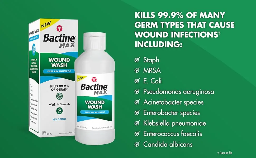 Bactine Max Antiseptic First Aid Wound Wash Kills 99.9% of Germs* from Minor Cuts Scrapes and Burns with No-Sting 8 fl oz 2 Pack - Bactine Max Wound Wash kills 99.9% of germs that cause wound infections