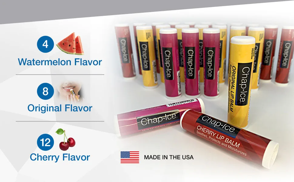 Chap-Ice Assorted Lip Balm - (24 count) Cherry Watermelon & Original Flavors - Skin Protectant - Made in the USA Refill (NO display) - Medicated Lip Balm that Moisturizes, Soothes, and Protects with Beeswax, Peppermint Lip Balm