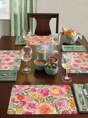 CounterArt Full Bloom Reversible Easy Care Flexible Plastic Placemat 4 Pack Made in The USA BPA Free Easily Wipes Clean - Full Bloom Garden Table Setting
