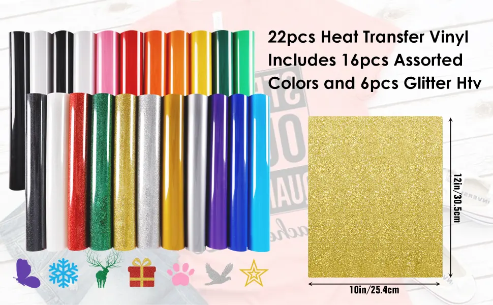 Iron on Vinyl Heat Transfer Vinyl 22 Pack Includes 16 Pack Assorted Colors Sheets and 6 Pack Glitter Sheets for T-Shirts Works with Cricut Silhouette Cameo(10in x 12in) - product information 3