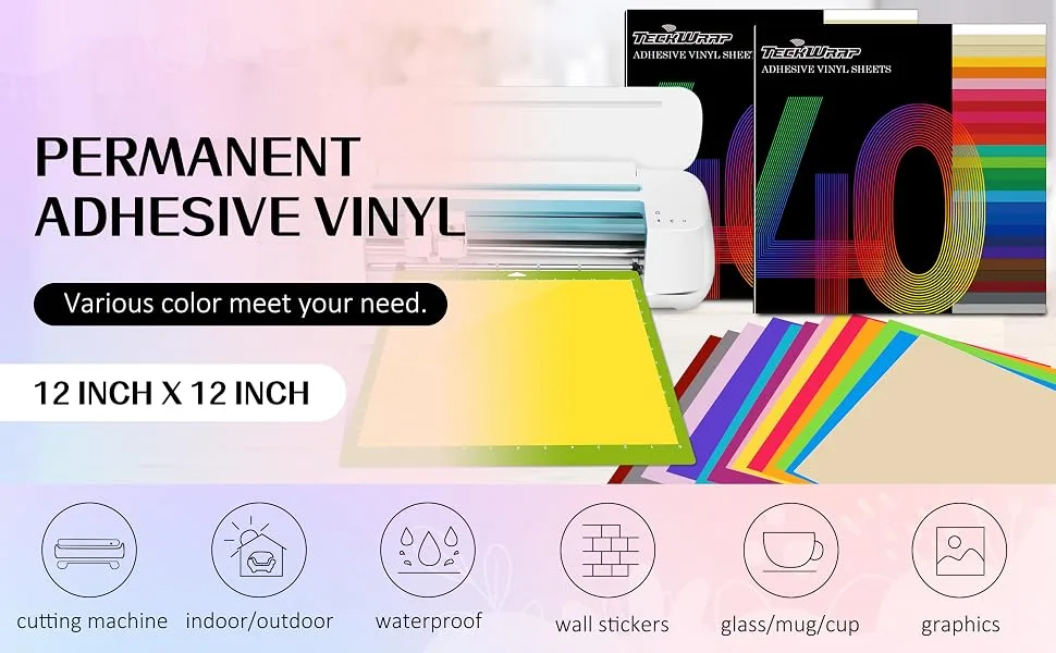 TECKWRAP Permanent Adhesive Vinyl Sheets 12 x 12 40 Sheets/Pack Assorted Colors for Craft Cutters Glossy - permanent adhesive vinyl