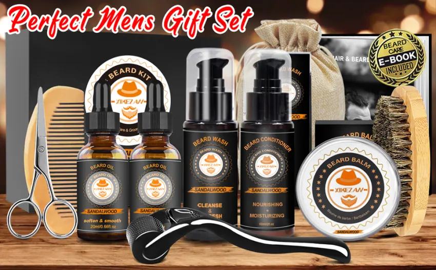 Upgraded Beard Grooming Kit w/Beard Conditioner 2 Pack Beard Oil Beard Balm Beard Brush Beard Shampoo/Wash Beard Comb Mustache Scissors Storage Bag Beard E-Book Beard Growth Care Gifts for Men - beard kit