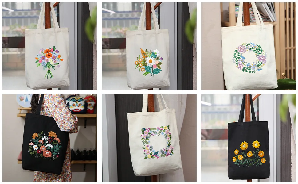 Homiton 2 Pack Embroidery Kit Canvas Tote Bag with Patterns for Beginners Personalized Canvas Bag Cross Stitch Kits Bamboo Embroidery Hoops Tools English Instruction for DIY (Black White) - 1111