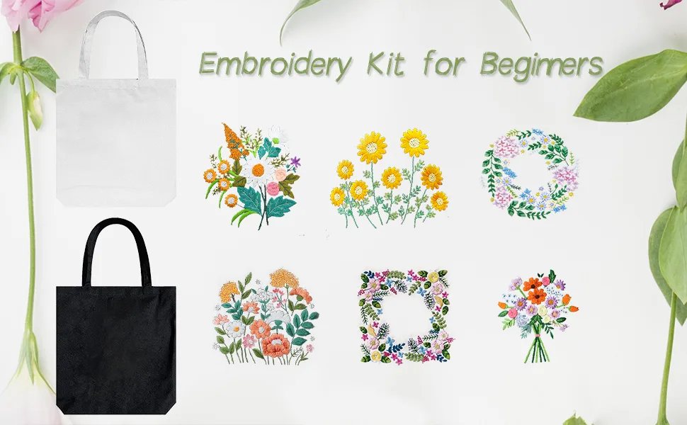 Homiton 2 Pack Embroidery Kit Canvas Tote Bag with Patterns for Beginners Personalized Canvas Bag Cross Stitch Kits Bamboo Embroidery Hoops Tools English Instruction for DIY (Black White) - 123333