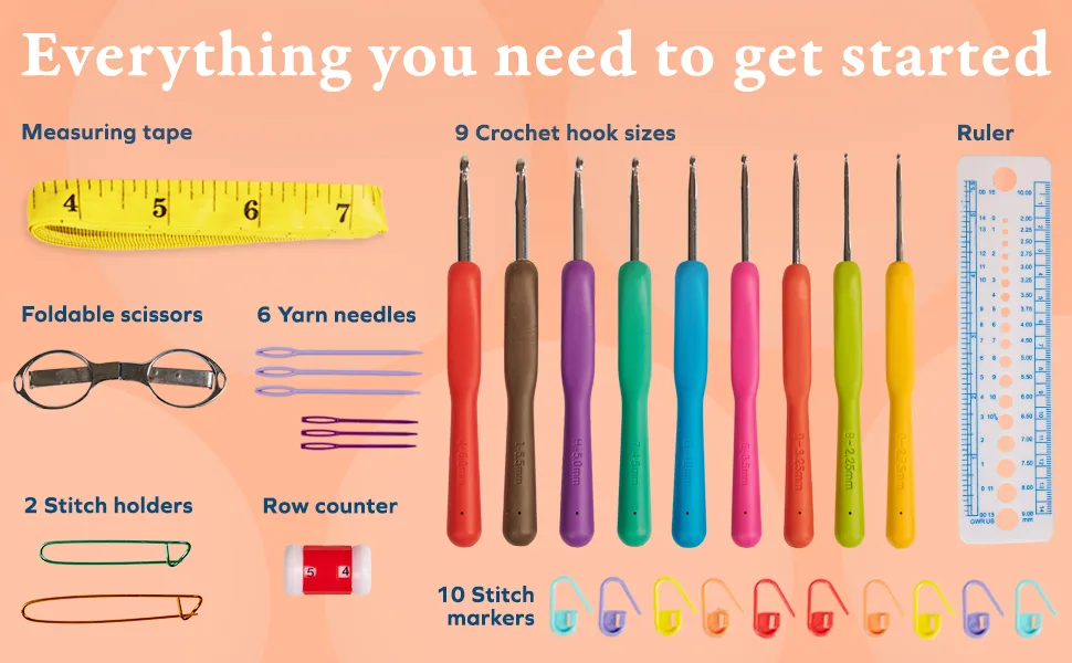 BeCraftee Crochet Hooks Kit - 31 Piece Set with 9 Ergonomic Hook Sizes 6 Yarn Needles Additional Knitting & Crochet Supplies and Carrying Case Hooks and Accessories Case - BeCraftee Crotchet Hooks