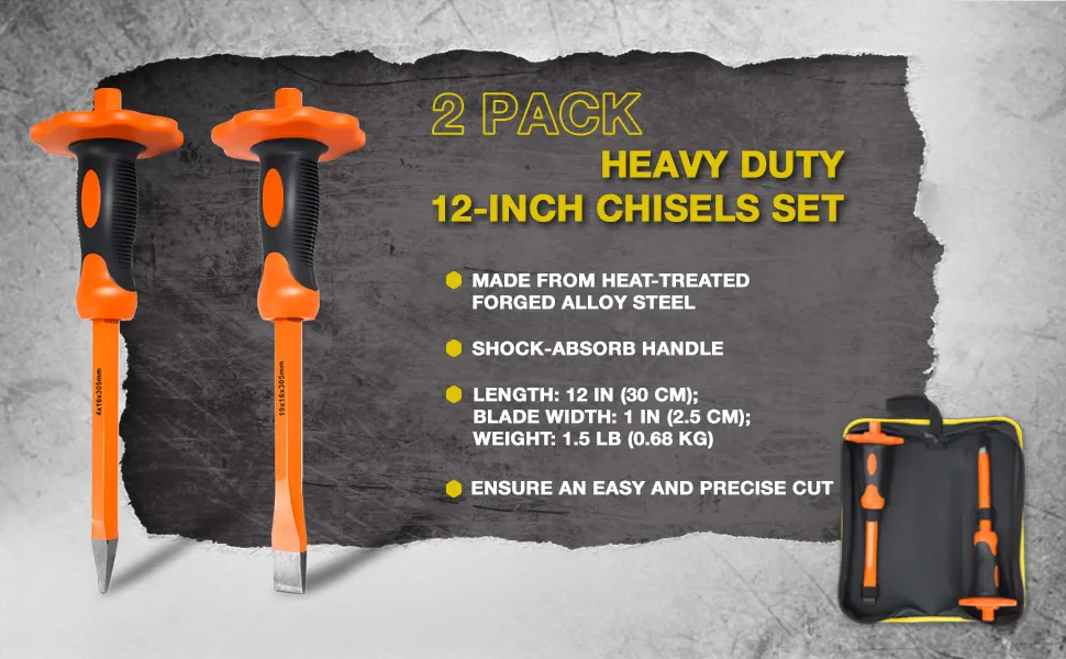 KOTTO 2 Pack Heavy Duty 12-Inch Chisels Set With Hand Protection Point Chisel and Flat Chisel for Demolishing/Masonry/Carving/Concrete Breaker with Storage Case - product information 1