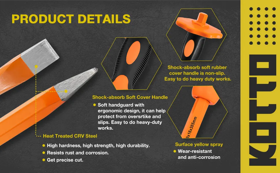 KOTTO 2 Pack Heavy Duty 12-Inch Chisels Set With Hand Protection Point Chisel and Flat Chisel for Demolishing/Masonry/Carving/Concrete Breaker with Storage Case - product information 3