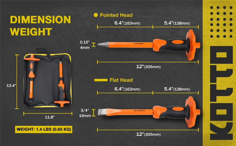 KOTTO 2 Pack Heavy Duty 12-Inch Chisels Set With Hand Protection Point Chisel and Flat Chisel for Demolishing/Masonry/Carving/Concrete Breaker with Storage Case - product information 5