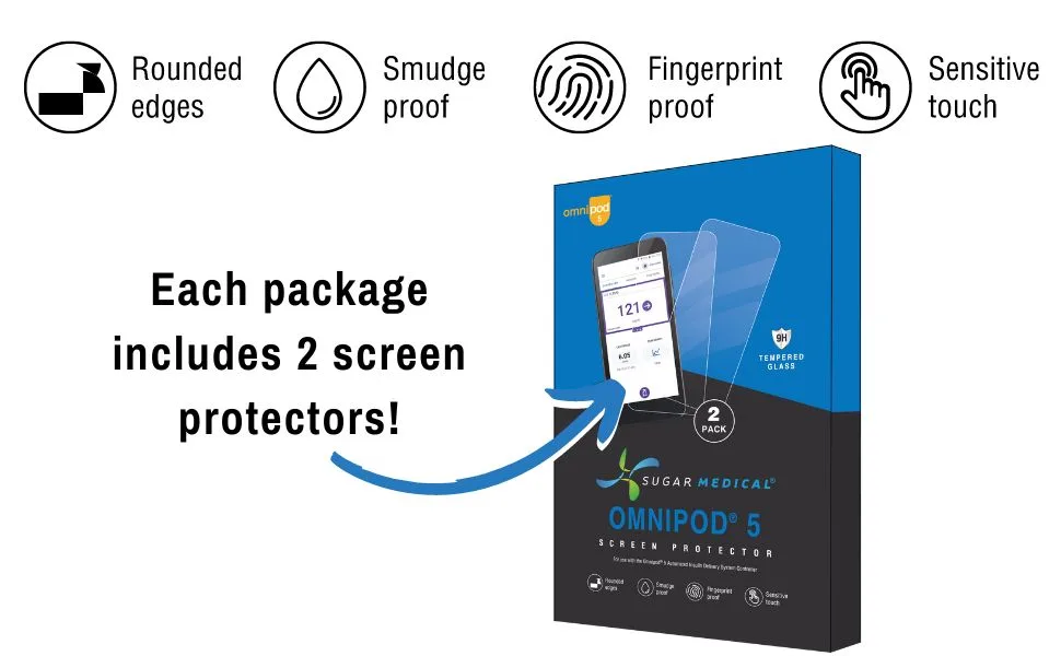 Sugar Medical Omnipod 5 Screen Protector. Protect your Omnipod 5 Automated Insulin Delivery System Controller from cracks scratches and scrapes. 2 Pack. - screen protector