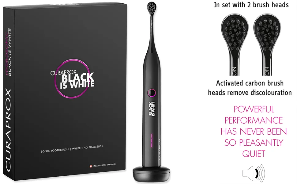 Curaprox Hydrosonic Black is White Activated Charcoal Electric Toothbrush Replacement Heads (2 Pack) BLACK IS WHITE Hydrosonic CARBON B rsten 2x - info