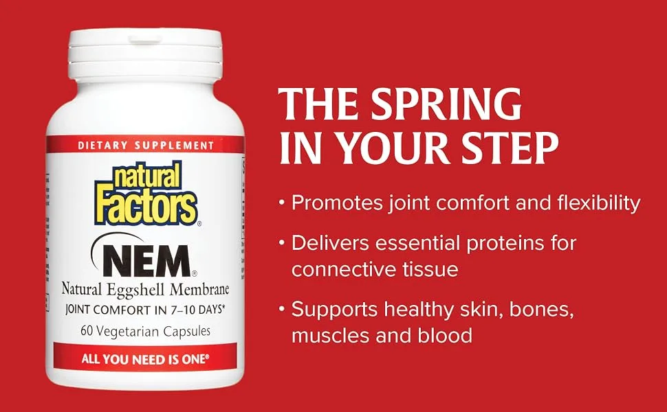 Natural Factors NEM Natural Eggshell Membrane Promotes Joint Comfort and Flexibility 60 Capsules 60.0 Servings (Pack of 1) - The spring in your step