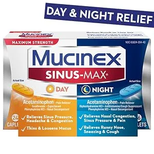 Mucinex Maximum Strength Sinus-Max (Day) Pressure Pain & Cough & Nightshift (Night) Sinus Caplets Fast Release Powerful Multi-Symptom Relief 40 caplets (24 Day time + 16 Night time) (Pack of 2) - day night