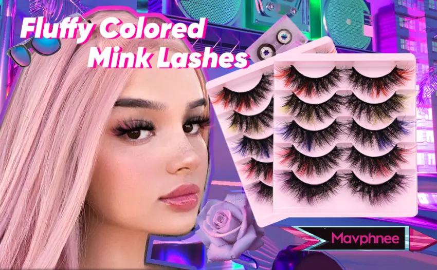 Colored Lashes Mink Fluffy Volume False Eyelashes 20MM Curly Long Dramatic Lashes with Color Full 5D Wispy Fake Eyelashes Pack 5 Pairs Pink Blue lashes by Mavphnee - Colored lashes mink fluffy