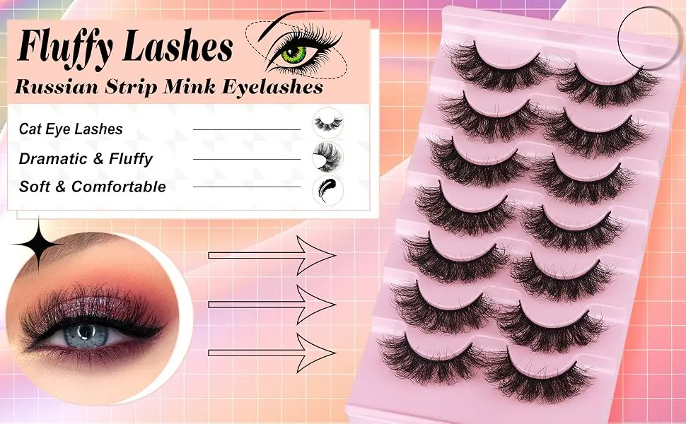 False Eyelashes Fluffy Lashes Mink Wispy Thick Volume Eye Lashes Curly Strip Lashes Extensions Natural Dramatic 20MM Long 7 Pairs Fake Eyelashes Pack A- Fluffy Wispy - dramatic lashes
