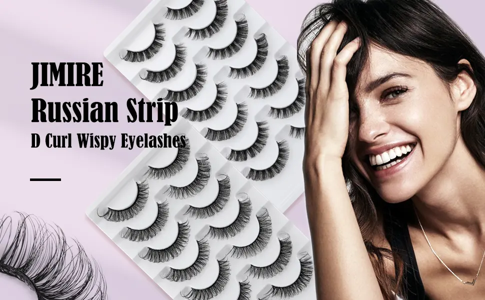 JIMIRE Cat-Eye Faux Mink Eyelashes D Curl Wispy Thin Russian Strip 15MM 3D Eyelash Natural Look 7 Pairs Pack - Russian strip lashes