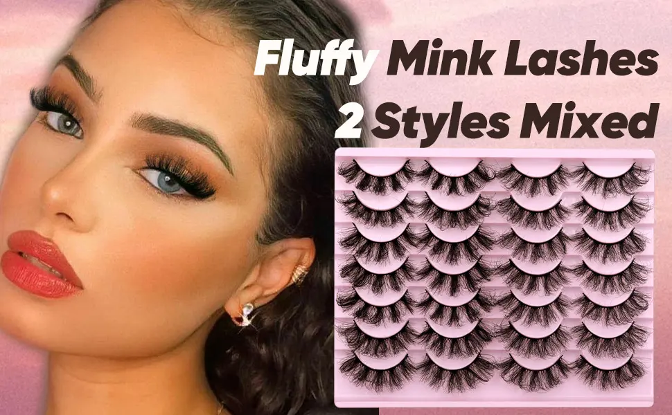 Lashes Mink Fluffy 20MM Long Fake Eyelashes 8D Curl Wispy Dramatic False Eyelashes 2 Styles Mixed Full Volume Strip Lashes 14 Pairs Pack by Mavphnee - Fluffy Mink Lashes