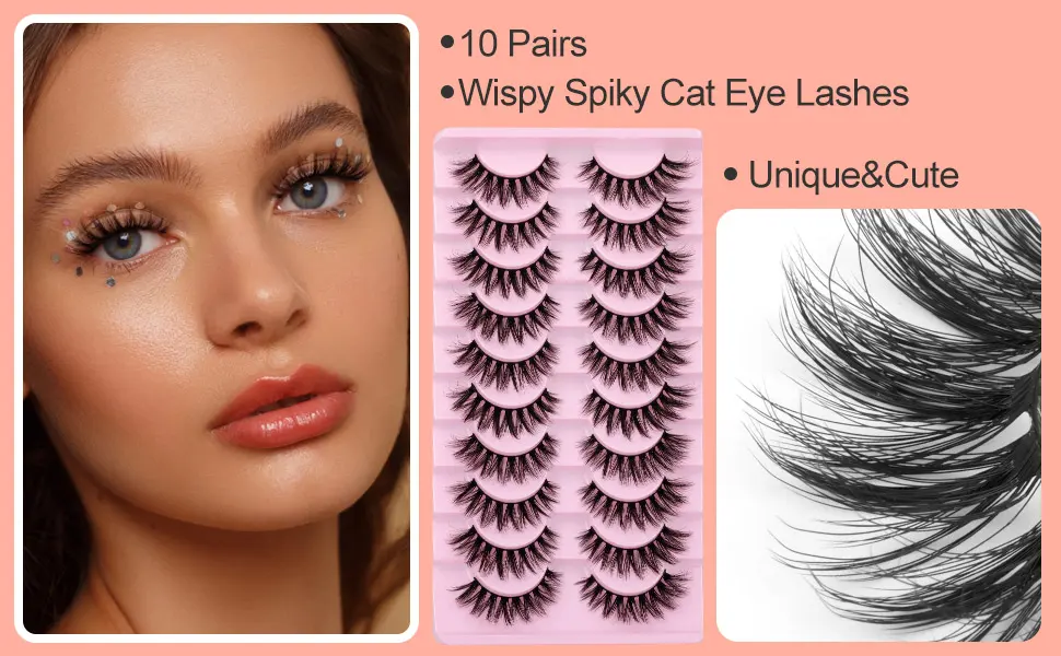 False Eyelashes Wispy Mink Lashes 10 Pairs Spiky Cat Eye Lashes 3D Natural Eyelashes Look Like Cluster Lashes 16mm Strip Fake Eyelashes Pack by EYDEVRO - Y28-21C