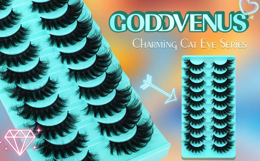 False Eyelashes Fluffy Mink Cat Eye Lashes Strip Pack 10 Pairs 18MM Wispy D Curl Fake Lashes That Look Like Extensions 8D Full Dramatic Eyelash by Goddvenus E-cat eye - product information 10