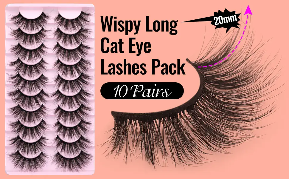 False Eyelashes Fluffy Cat Eye Lashes Mink 20mm Long Wispy Eyelashes 5D Curl Strip Lashes Natural Look 10 Pairs Pack by EYDEVRO - Y28-18B