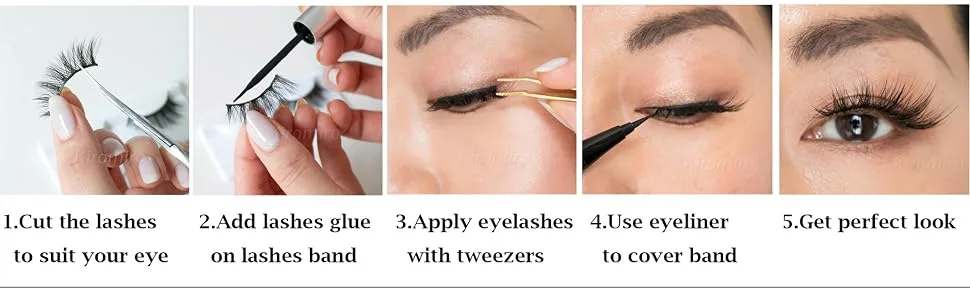 False Eyelashes Wispy Fuax Mink Lashes D Curl Fluffy Natural Lashes Human Silk Russian Strip Lashes Pack by Kiromiro 16mm Extension Strips - How to apply false eyelashes