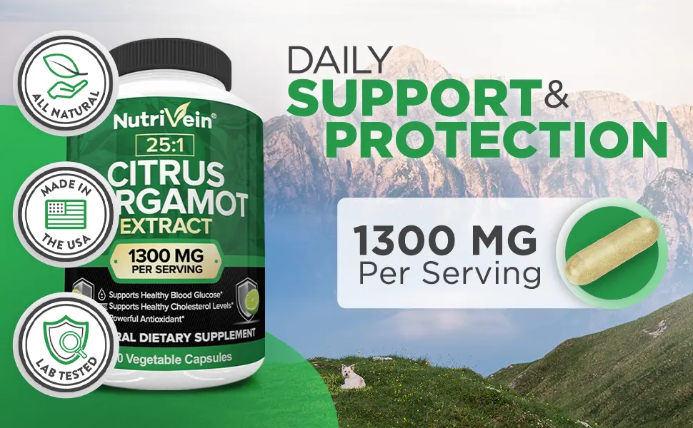 Nutrivein Bergamot Extract 1300 mg 25:1 - 120 Capsules - Daily Support & Protection. 1300MG per Serving