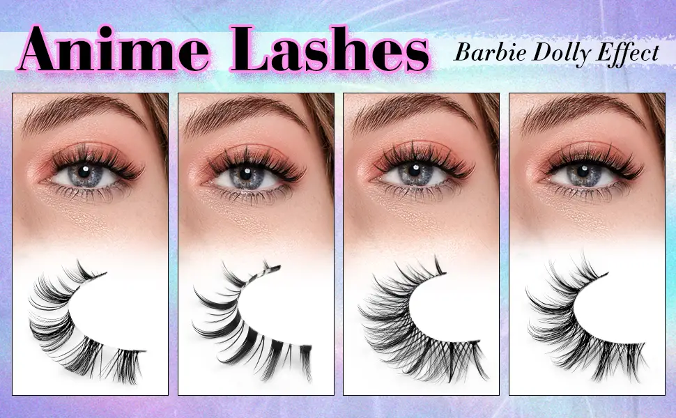 Manga Lashes Natural Look Anime False Eyelashes 20 Pairs Clear Band Individual Wispy Fake Eyelashes Strip Spiky DIY Cluster Lashes Extension C Curl Cat Eye Lashes Pack - Anime Lashes Spiky