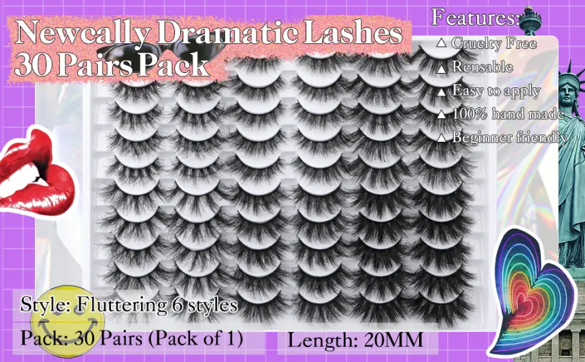 Newcally Fluffy Wispy False Eyelashes 20MM Dramatic Thick 5D Volume Fake Eye Lashes 6 Styles Long Cat Eye Curly Strip Faux Mink Eyelashes 30 Pairs Lashes Multipack Bulk A- Bomb Volume - 30 Pairs Lashes Wholesale Bulk