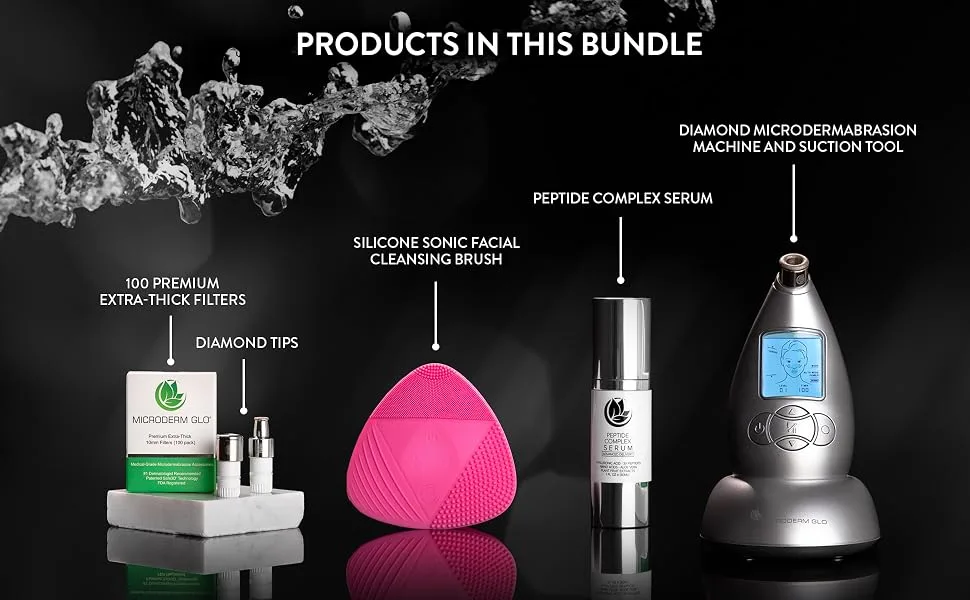 Microderm GLO Complete Skincare Package Includes Diamond Microdermabrasion System Premium Fine Massage Tips 10mm Filters 100 pack Peptide Complex Serum & Sonic Facial Cleansing Brush (Silver) - Product