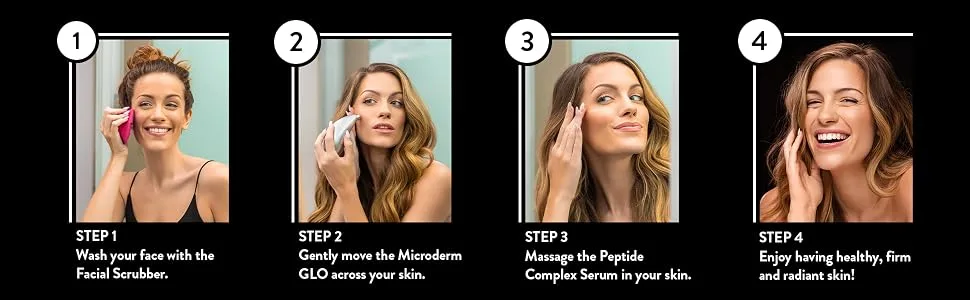 Microderm GLO Complete Skincare Package Includes Diamond Microdermabrasion System Premium Fine Massage Tips 10mm Filters 100 pack Peptide Complex Serum & Sonic Facial Cleansing Brush (Silver) - Steps