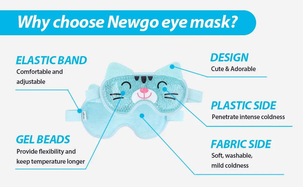 NEWGO Ice Pack for Eyes Cold Compress Reusable Hot Cold Gel Eye Mask with Soft Plush Backing for Kids Girl Blue Cat - eye mask