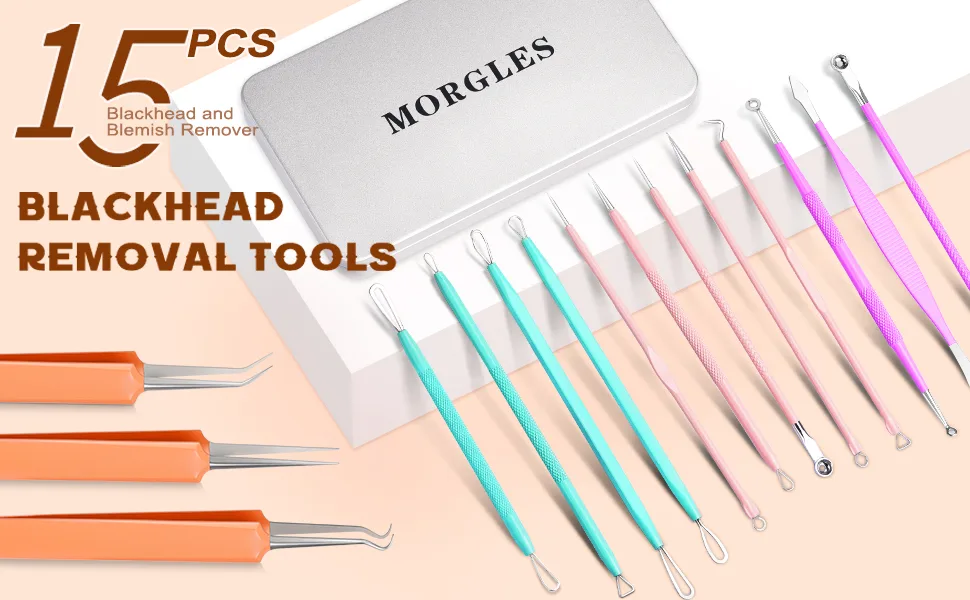 Blackhead Remover Tools MORGLES 15PCS Pimple Popper Tool Kit Professional Stainless Comedone Pimple Extractor Tool for Blackhead Blemish Zit Removing with Metal Case - blackhead remover tools
