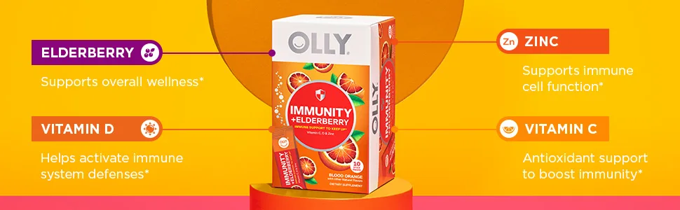 OLLY Immunity Powder Daytime Immune Support Elderberry Vitamin C D Zinc Fizzy Drink Mix Blood Orange - 10 Count - image