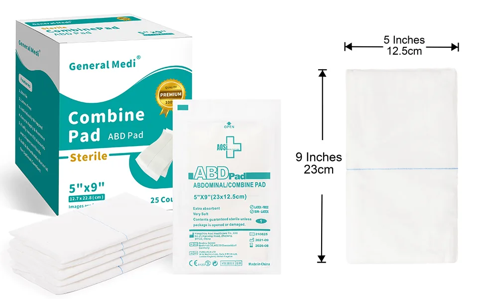 Sterile Abdominal (ABD) Combine Pads - 25 Count 5 x 9 Individually Wrapped Abdominal Pads First Aid Pads - Absorbent & Thick - product information 7